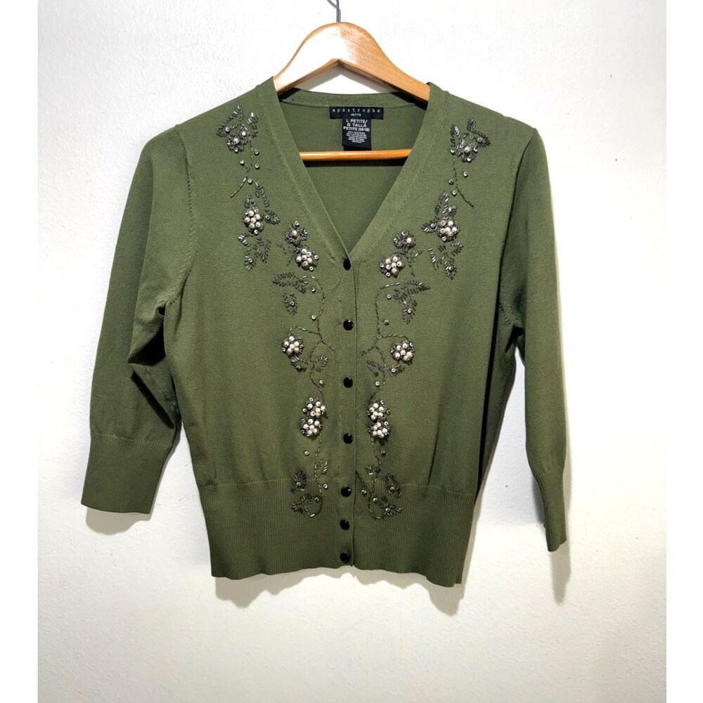 Apostrophe silk blend sweater cardigan boho embroidered beaded olive women Lp